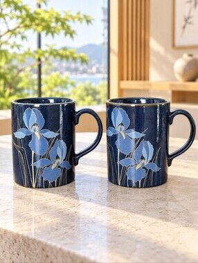 Vintage Otagiri Japan Blue Iris 8 oz Mugs Set of 2 Floral Ceramic